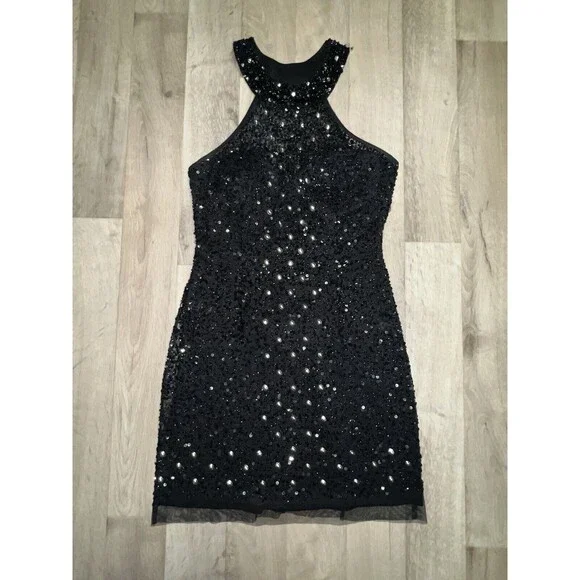 Mori Lee Glam Vintage Mini Halter Sequin Dress Beaded Silver Size 6 - Picture 2 of 9